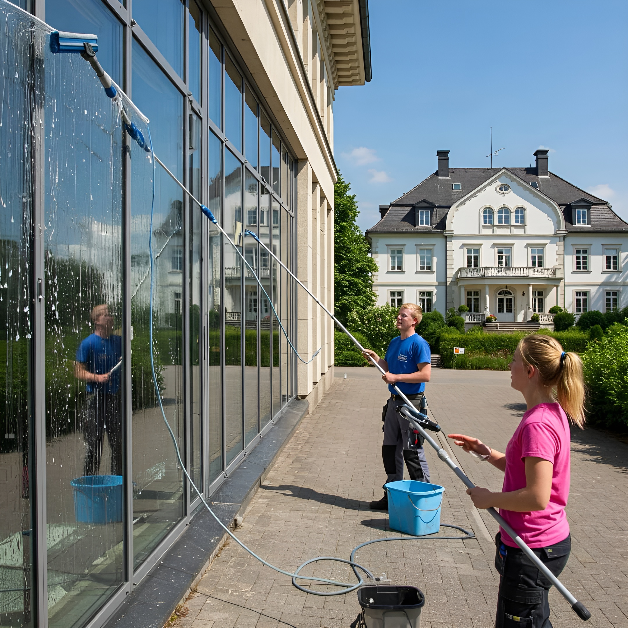 Zwei Reinigungskräfte säubern große Glasfassaden eines modernen Gebäudes mit Teleskopstangen vor einer eleganten weißen Villa bei sonnigem Wetter.